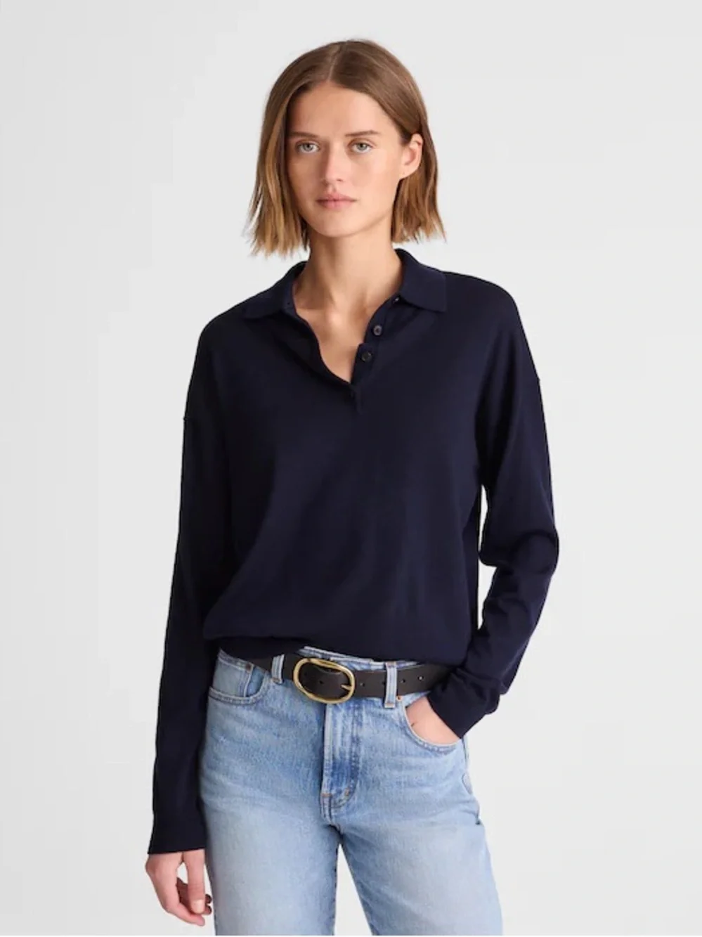 Madewell Sweater Womens Small Navy Blue Merino Wool Drop Shoulder Polo NY913 NEW